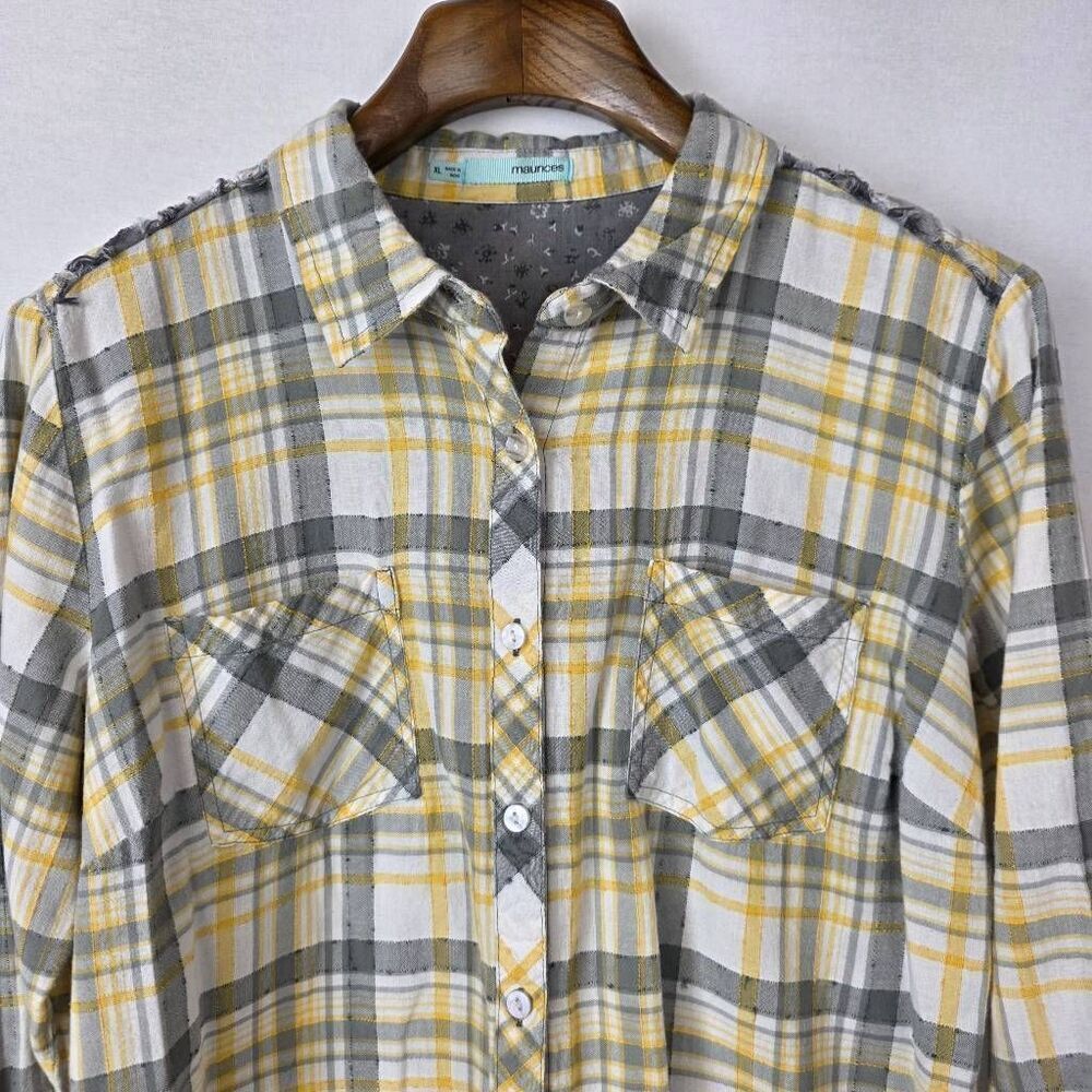 Maurices XL Yellow Gray Plaid Button Front Frayed Hem Shirt - Picture 3 of 11